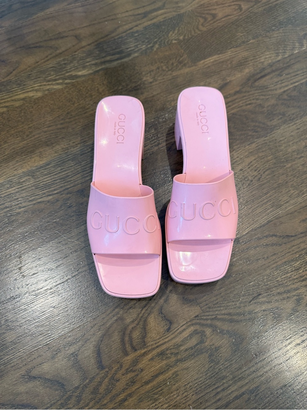 Gucci Pink Embossed Logo Slide Mules